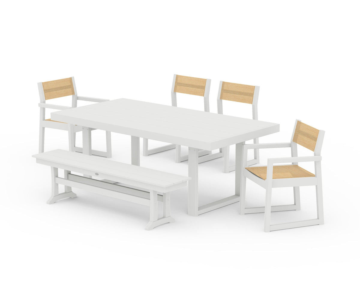 POLYWOOD EDGE Sling 6-Piece Dining Set with Bench in Vintage White / Dupioni Apricot