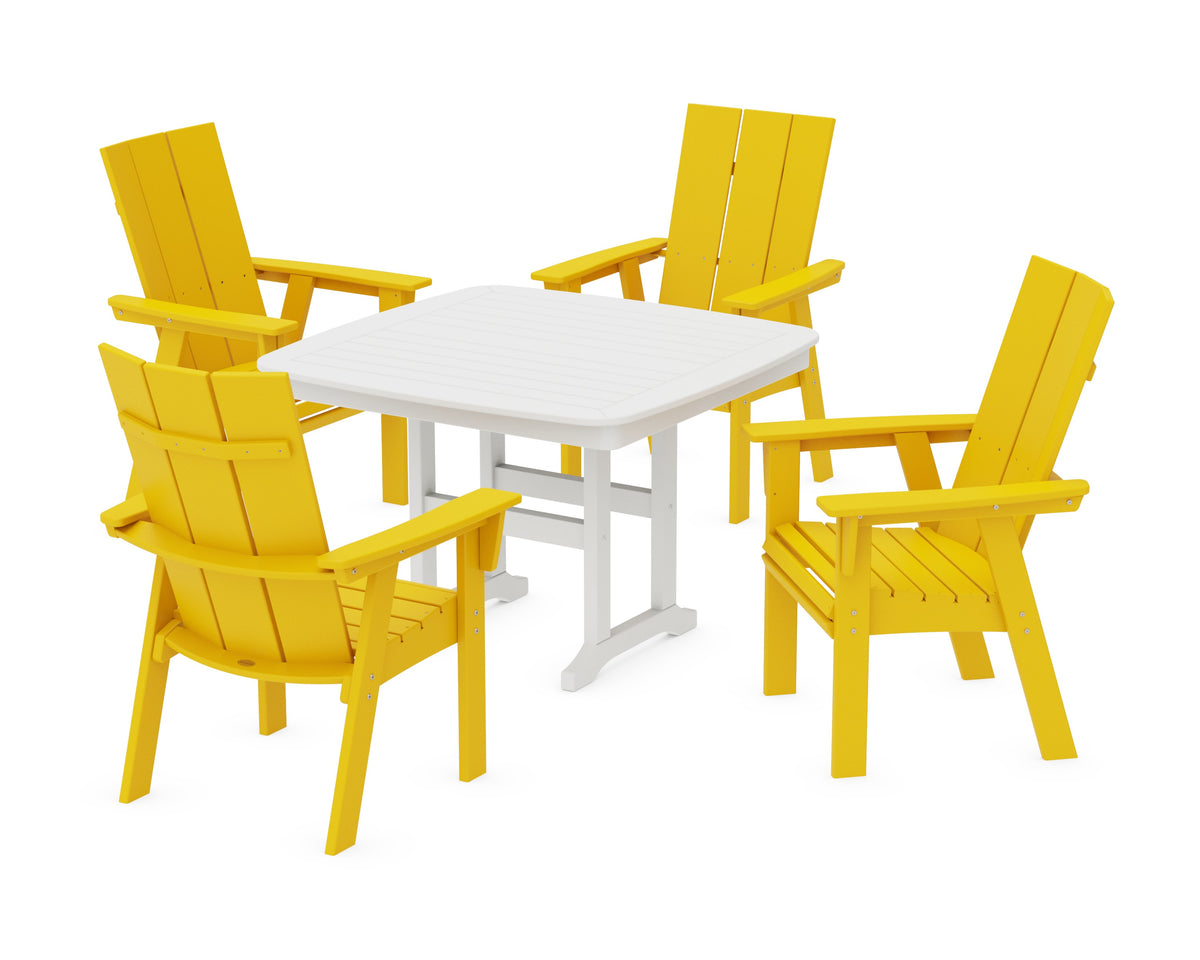 POLYWOOD Modern Curveback Adirondack 5-Piece Dining Set - 44" Table in Lemon / White
