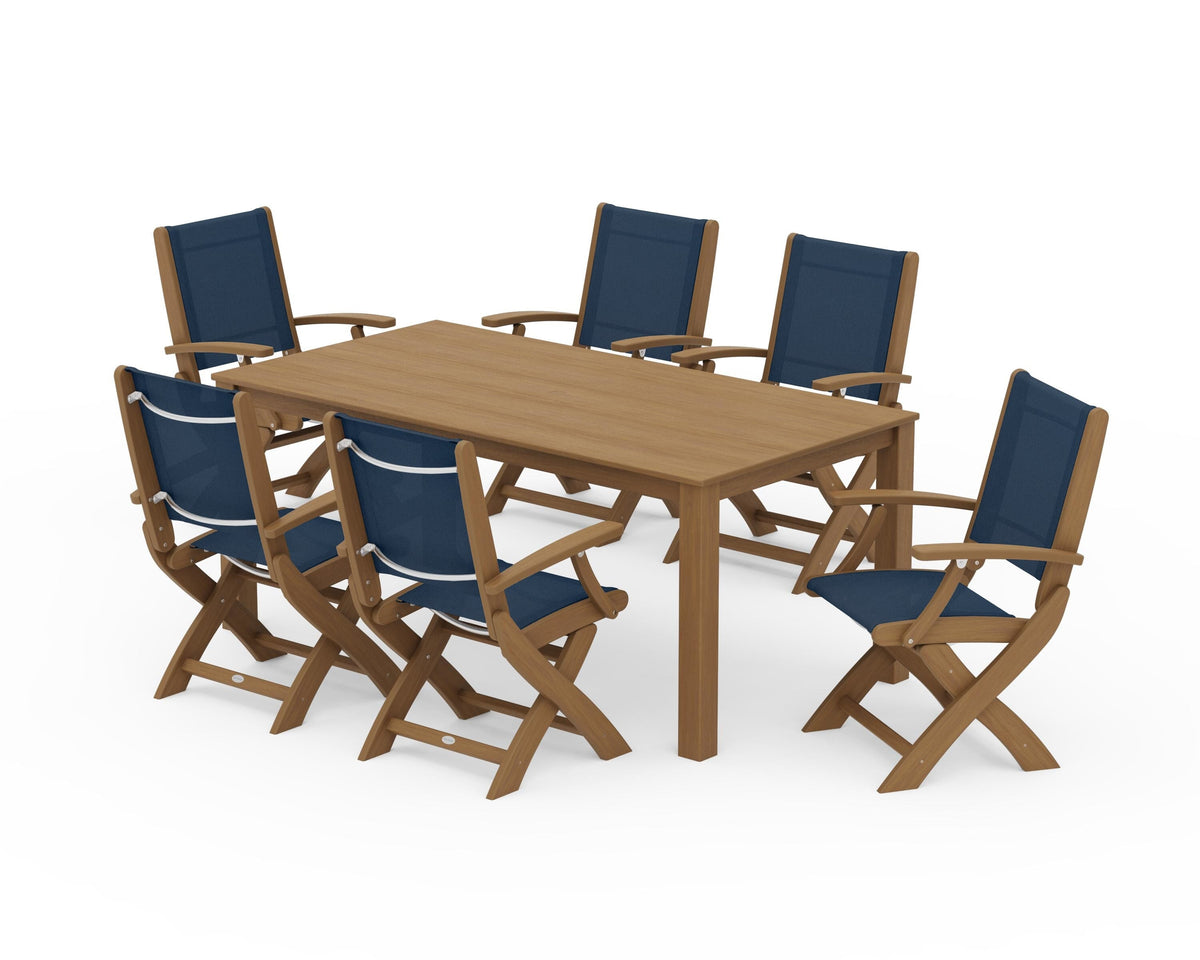 POLYWOOD Coastal Folding Chair 7-Piece Parsons Dining Set in Natural / Navy Blue