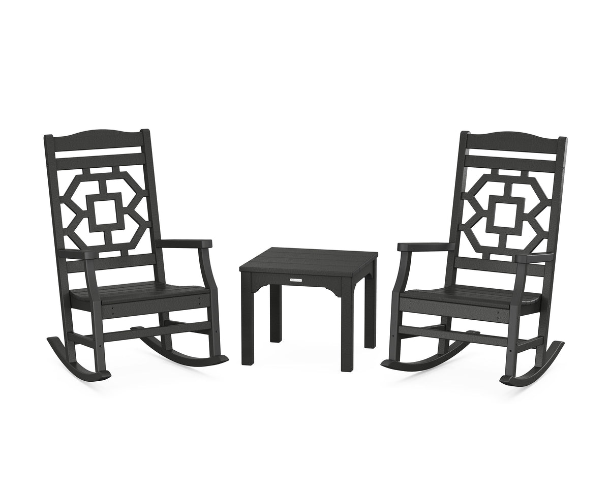POLYWOOD Chinoiserie 3-Piece Rocking Chair Set in Black