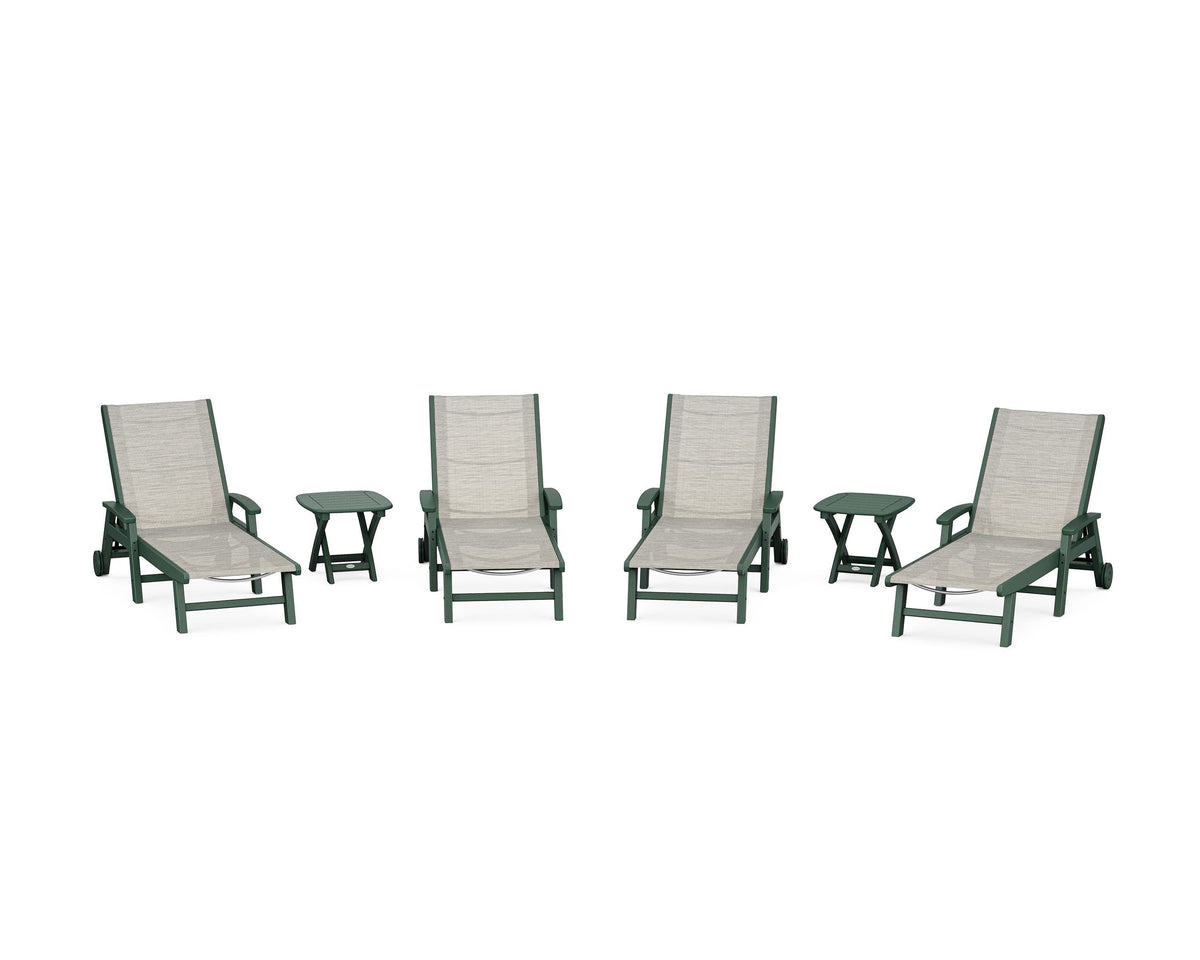 POLYWOOD Coastal Chaise 6-Piece Set with Wheels in Green / Birch