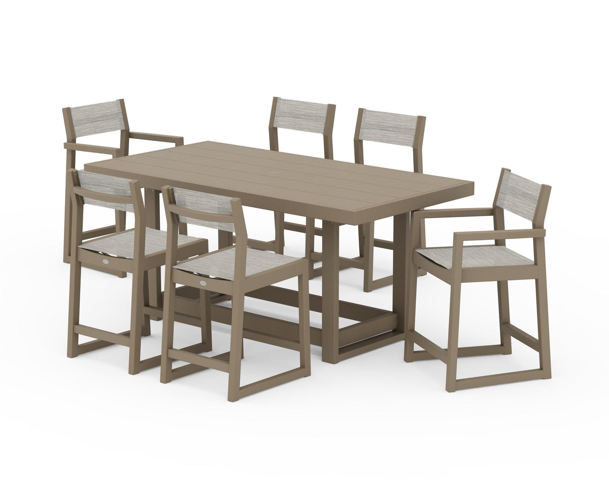 POLYWOOD EDGE Sling 7-Piece Counter Table Set in Vintage Sahara / Birch