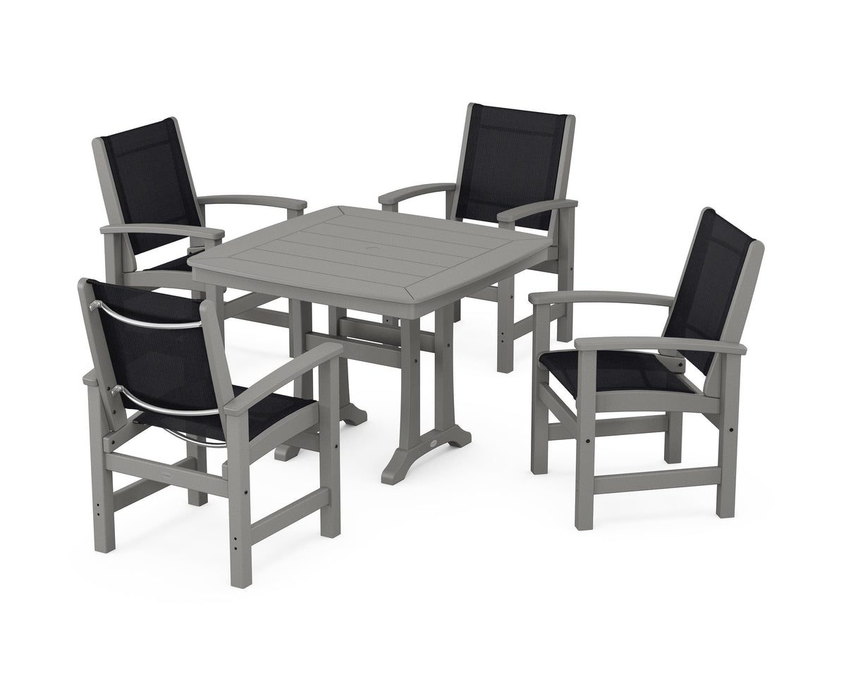 POLYWOOD Coastal 5-Piece Dining Set with Trestle Legs with Nautical Trestle 37" Dining Table in Slate Grey / Black