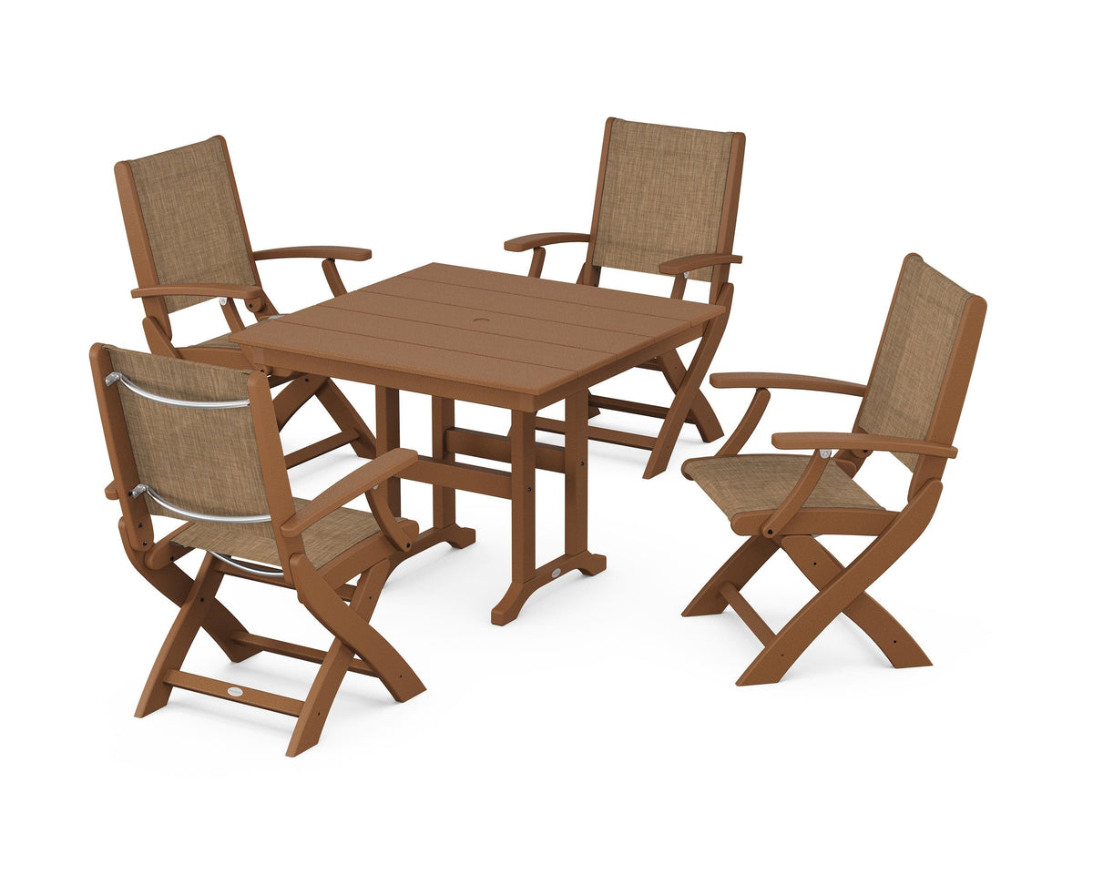 POLYWOOD Coastal Folding Chair 5-Piece Farmhouse Dining Set in Teak / Burlap