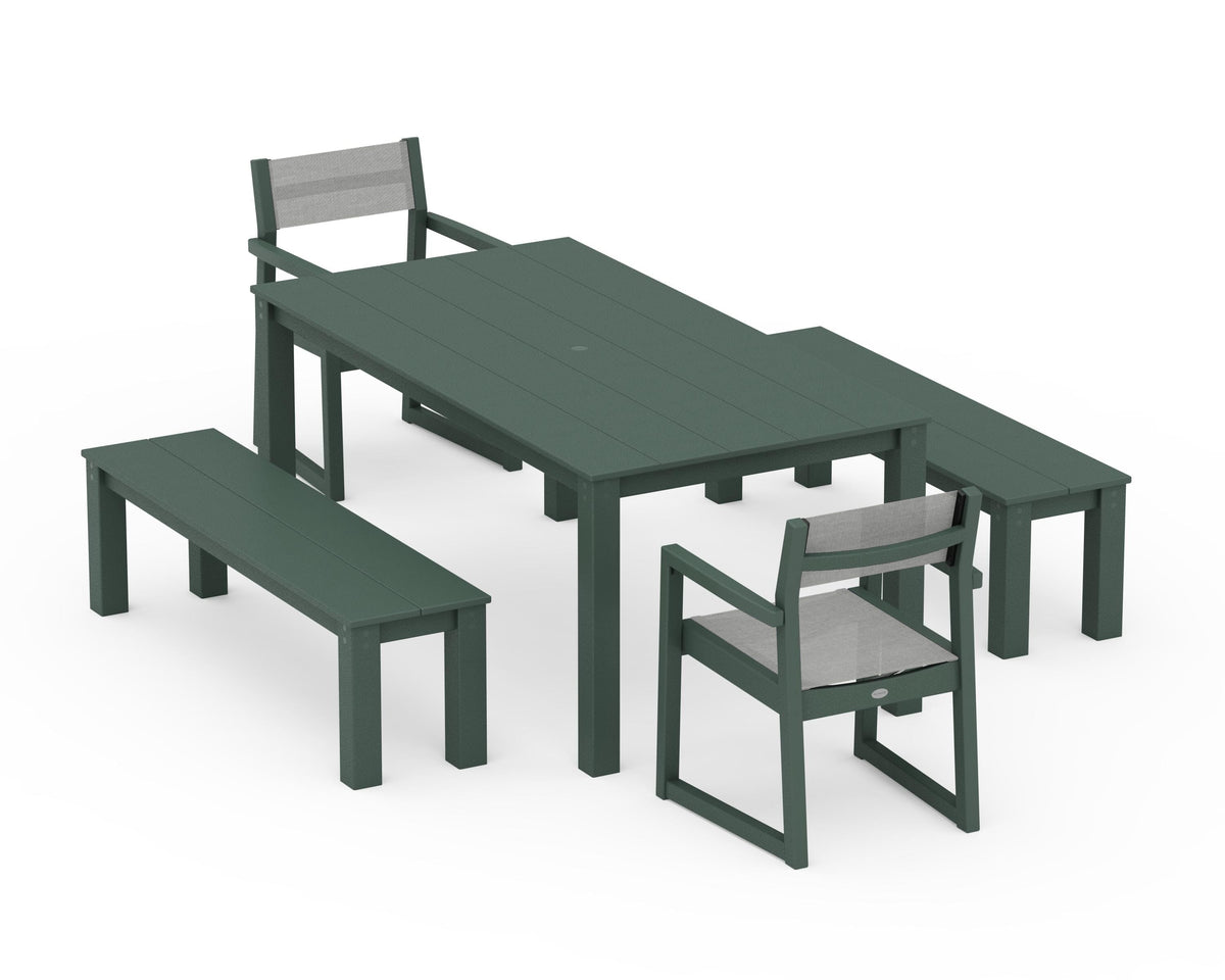 POLYWOOD EDGE Sling Arm Chair 5-Piece Parsons Dining Set with Benches in Green / Metallic