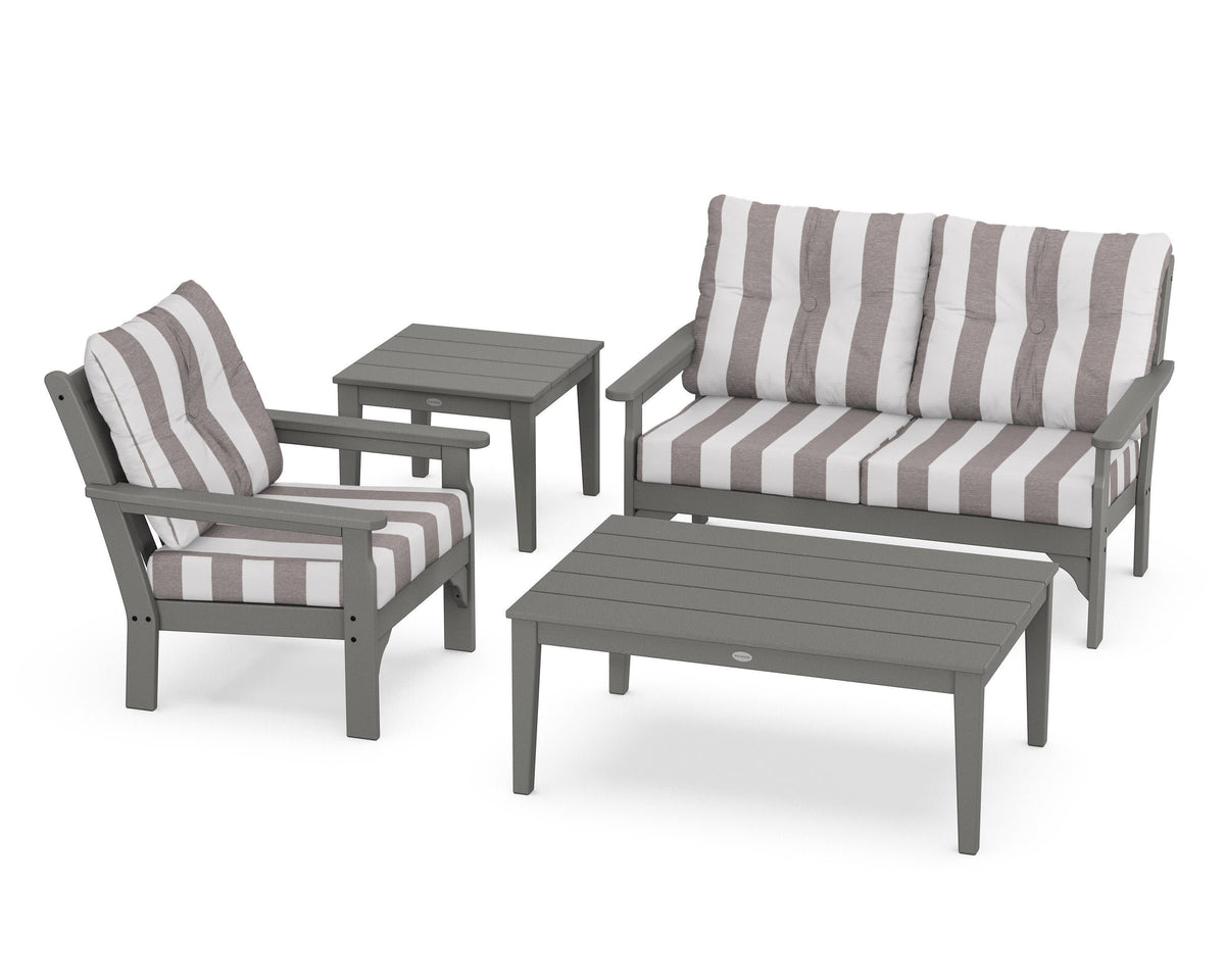 POLYWOOD Vineyard 4-Piece Deep Seating Set in Slate Grey / Cabana Stripe Grey Mist