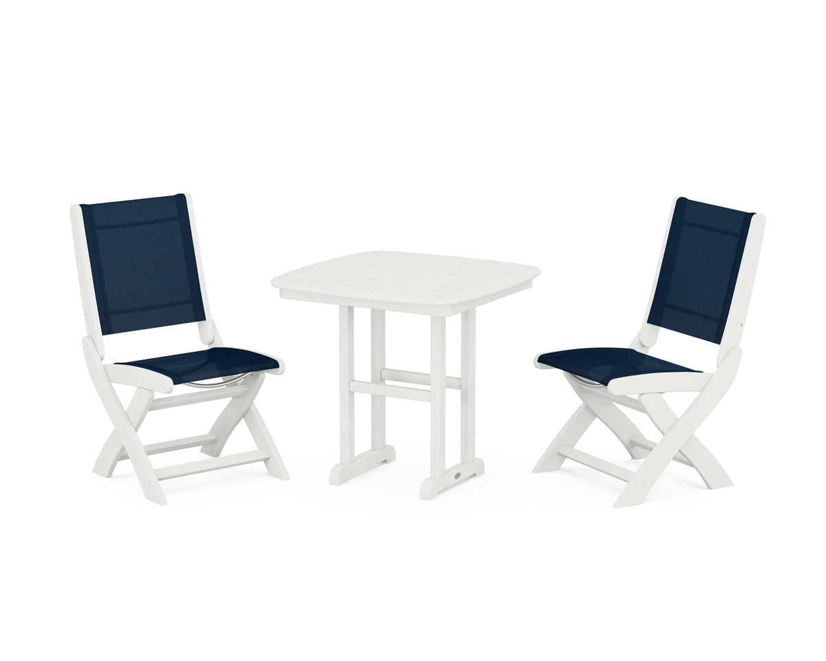 POLYWOOD Coastal Folding Side Chair 3-Piece Dining Set in Vintage White / Navy Blue
