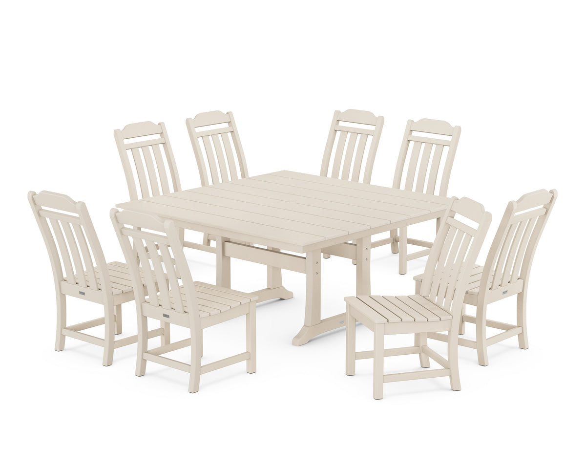 POLYWOOD Cottage 9-Piece Square Farmhouse Side Chair Dining Set with Trestle Legs in Sand