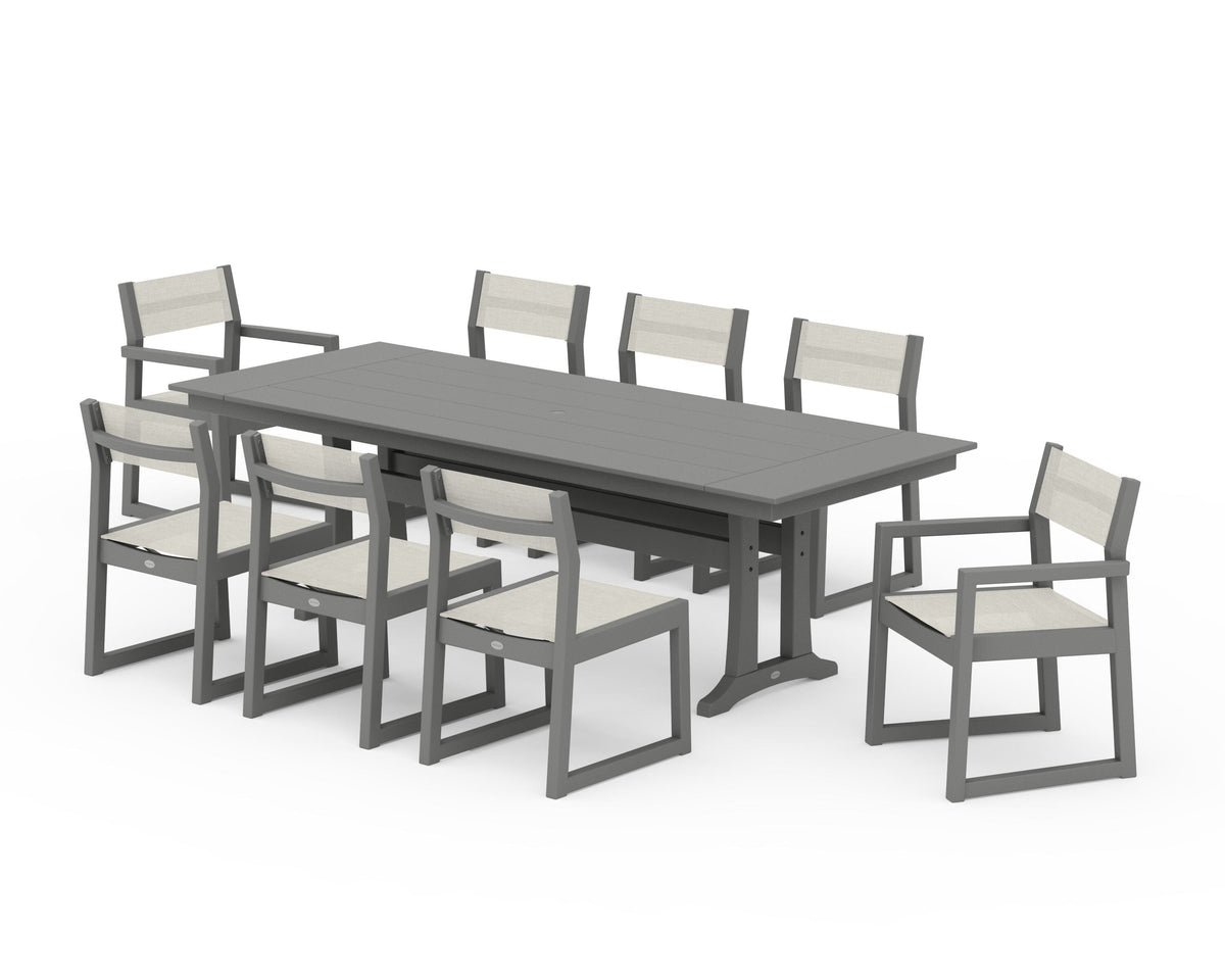 POLYWOOD EDGE Sling 9-Piece Farmhouse Trestle Dining Set in Slate Grey / Parchment