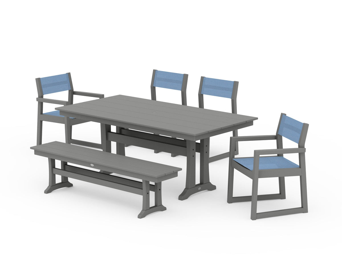 POLYWOOD EDGE Sling 6-Piece Farmhouse Dining Set With Trestle Legs in Slate Grey / Poolside