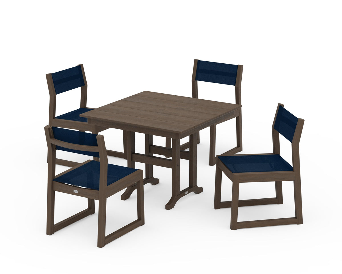 POLYWOOD EDGE Sling Side Chair 5-Piece Farmhouse Dining Set in Kona / Navy Blue