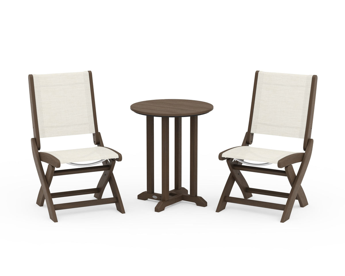 POLYWOOD Coastal Folding Side Chair 3-Piece Round Bistro Dining Set in Kona / Parchment