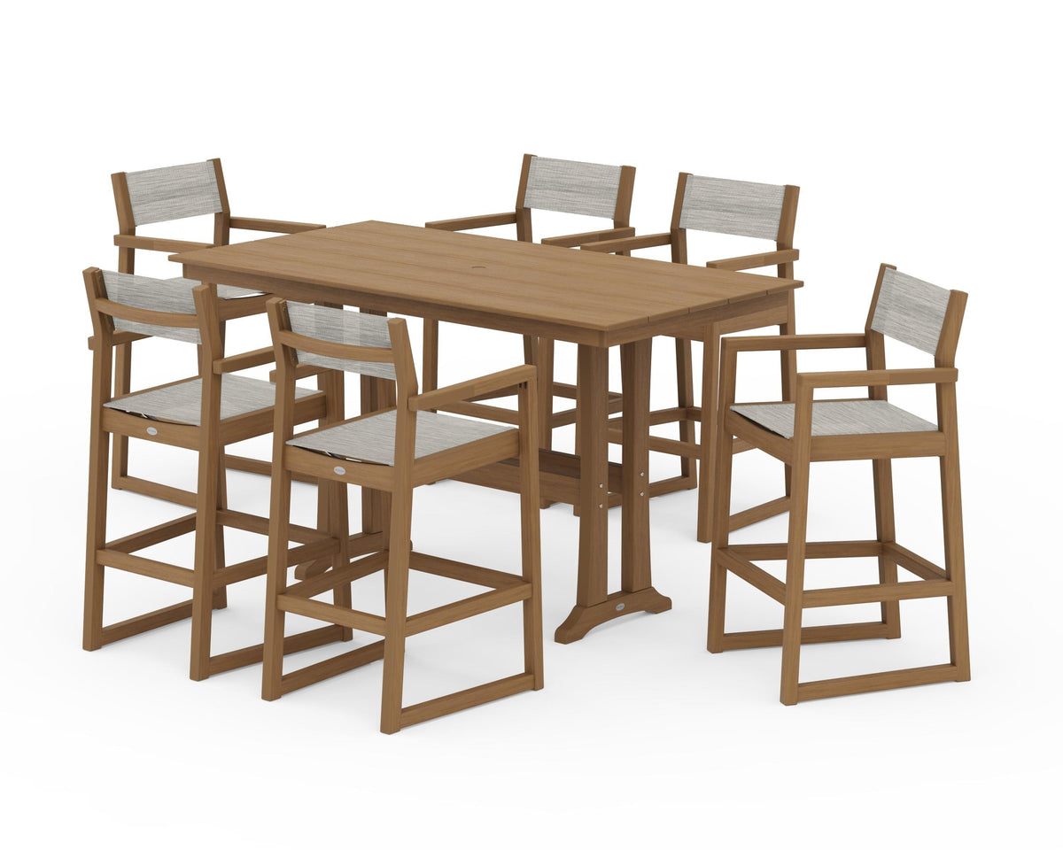POLYWOOD EDGE Sling Arm Chair 7-Piece Farmhouse Bar Set with Trestle Legs in Natural / Birch