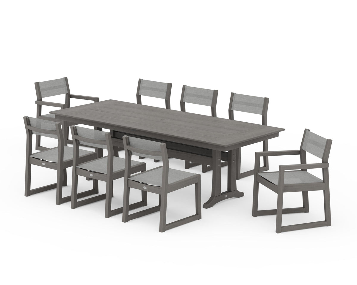 POLYWOOD EDGE Sling 9-Piece Farmhouse Trestle Dining Set in Driftwood / Metallic