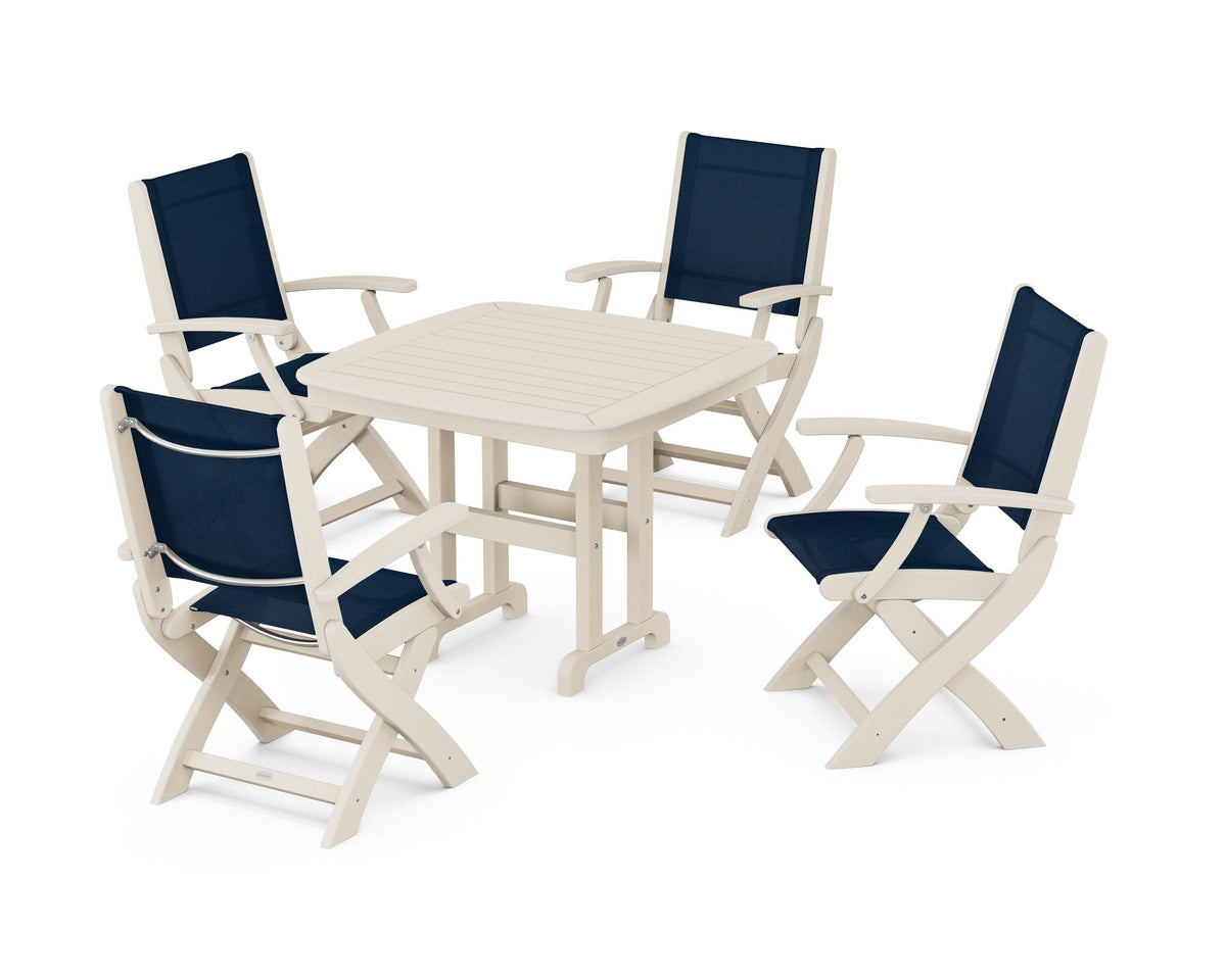 POLYWOOD Coastal Folding Chair 5-Piece Dining Set with Nautical 37" Dining Table in Sand / Navy Blue