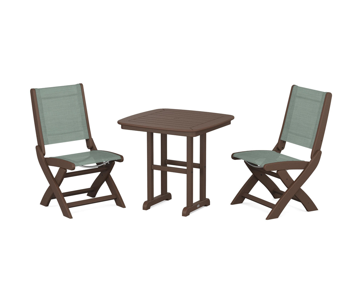 POLYWOOD Coastal Folding Side Chair 3-Piece Dining Set in Mahogany / Dupioni Sea Mist