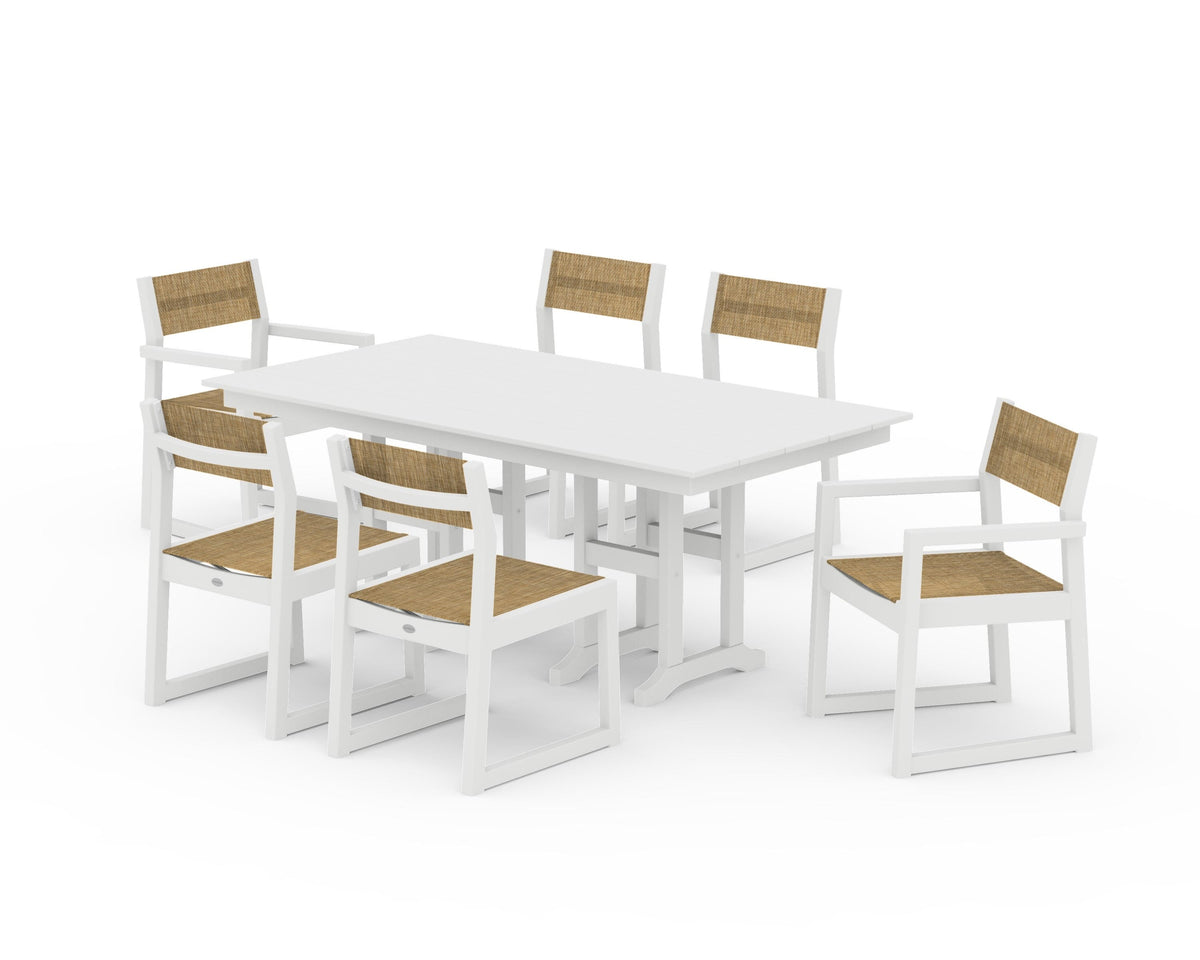POLYWOOD EDGE Sling 7-Piece Farmhouse Dining Set in White / Burlap