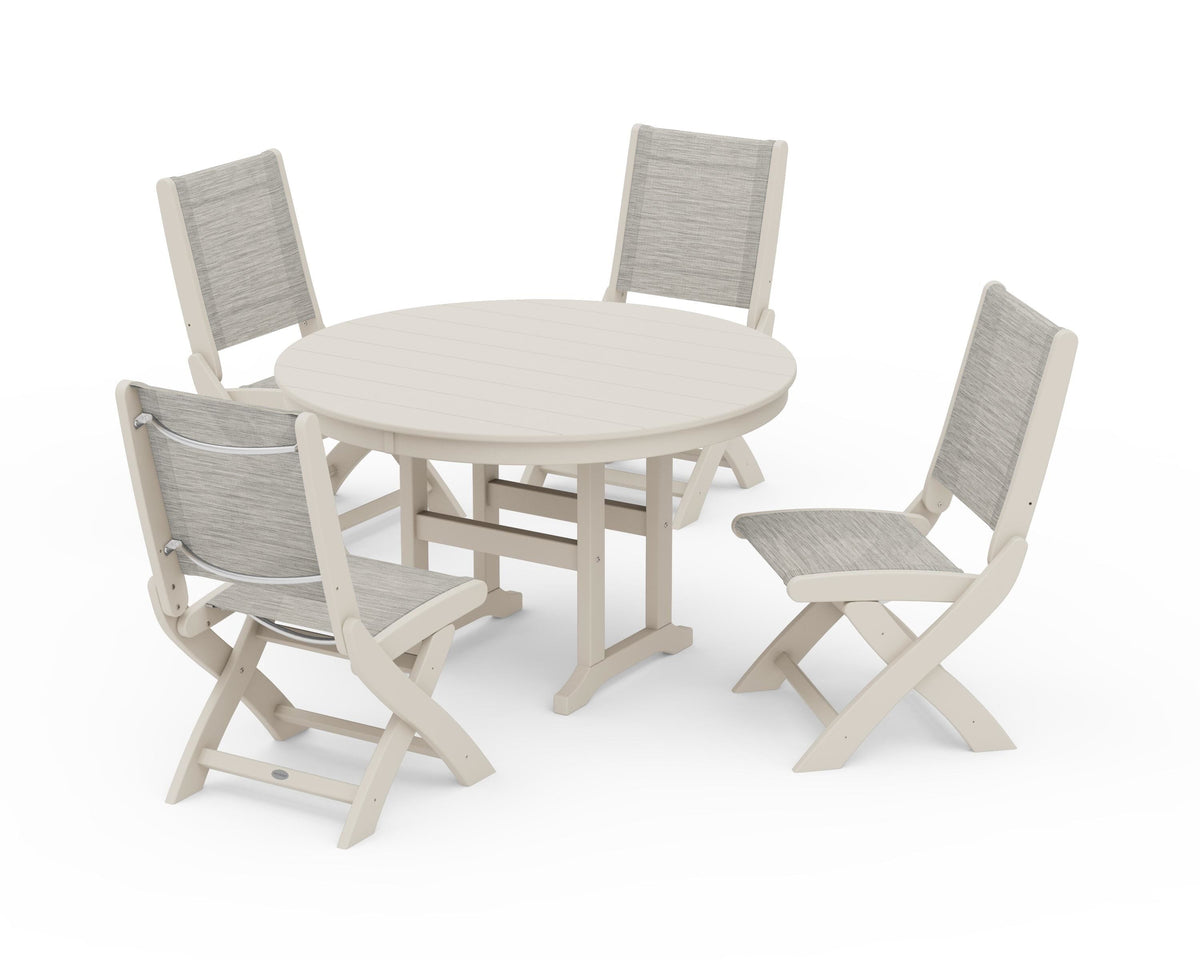 POLYWOOD Coastal Folding Side Chair 5-Piece Round Dining Set in Sand / Birch
