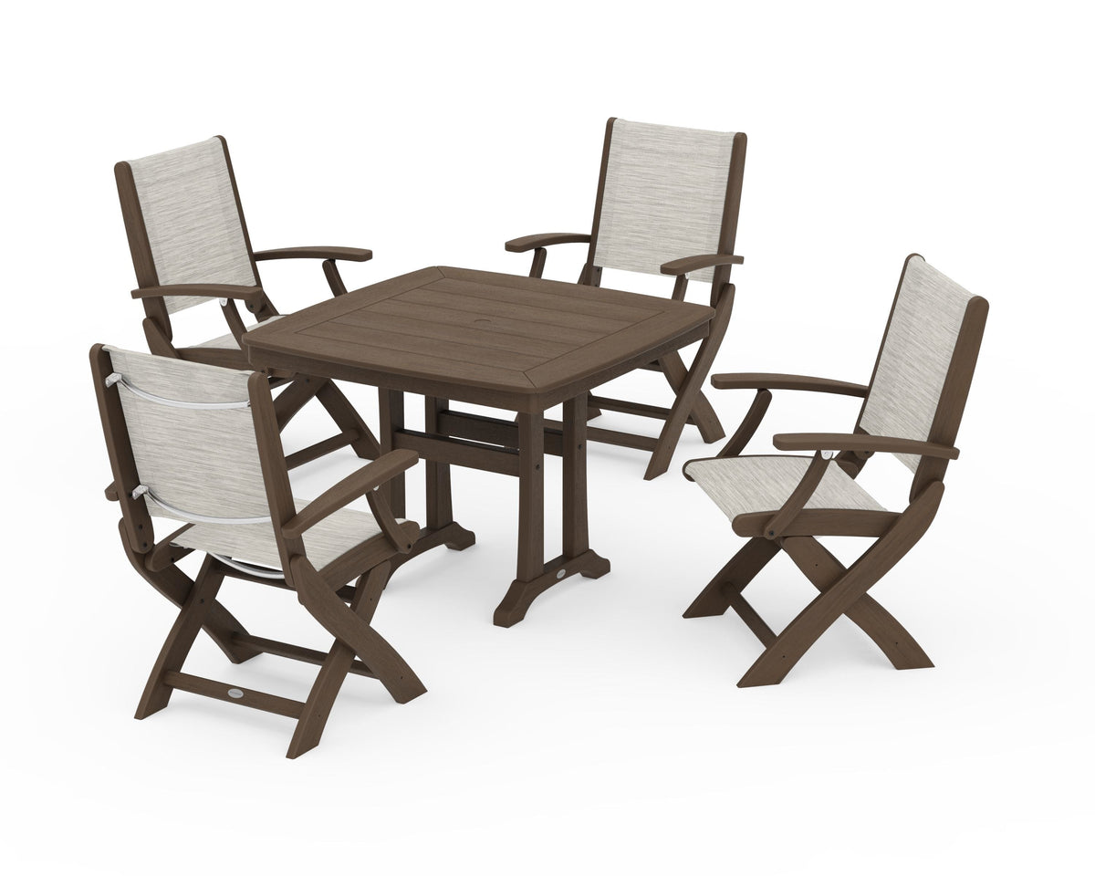 POLYWOOD Coastal Folding Chair 5-Piece Dining Set with Trestle Legs in Kona / Birch