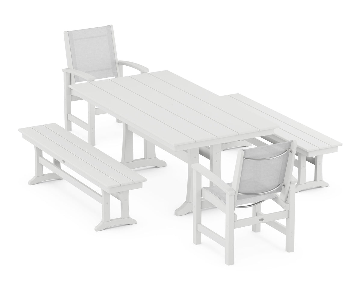 POLYWOOD Coastal 5-Piece Farmhouse Dining Set with Trestle Legs and Benches in White / White