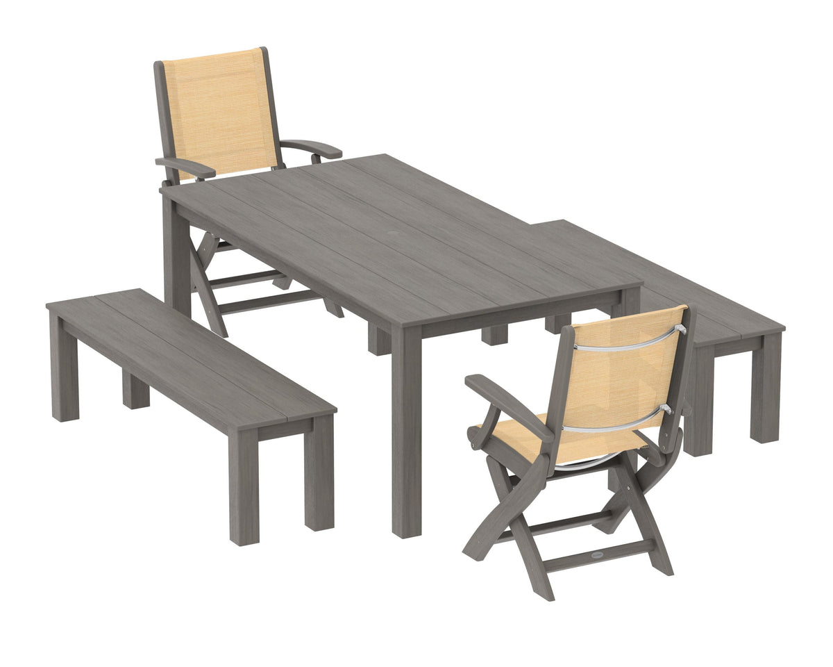 POLYWOOD Coastal Folding Chair 5-Piece Parsons Dining Set with Benches in Driftwood / Dupioni Apricot