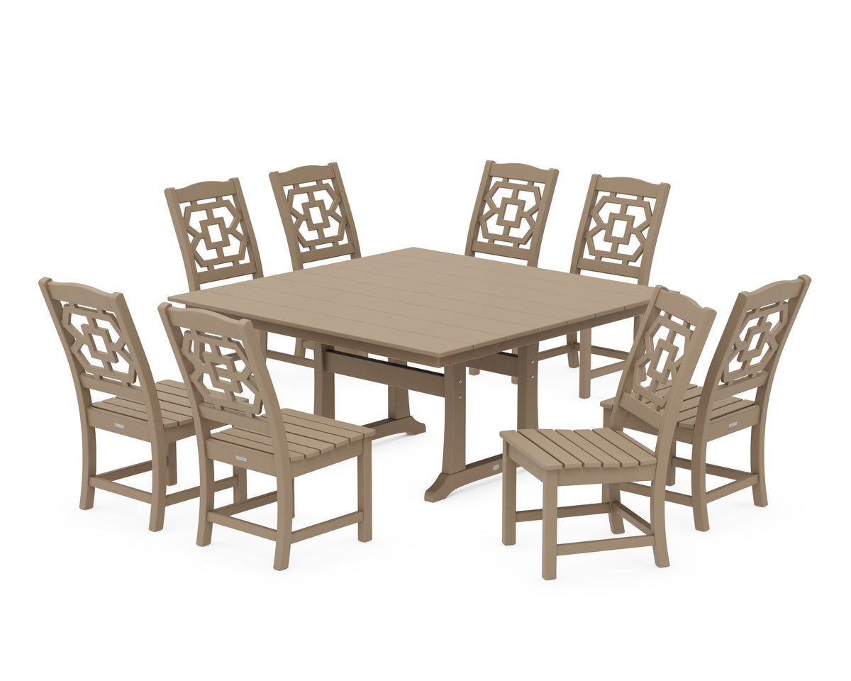 POLYWOOD Chinoiserie 9-Piece Square Farmhouse Side Chair Dining Set with Trestle Legs in Vintage Sahara