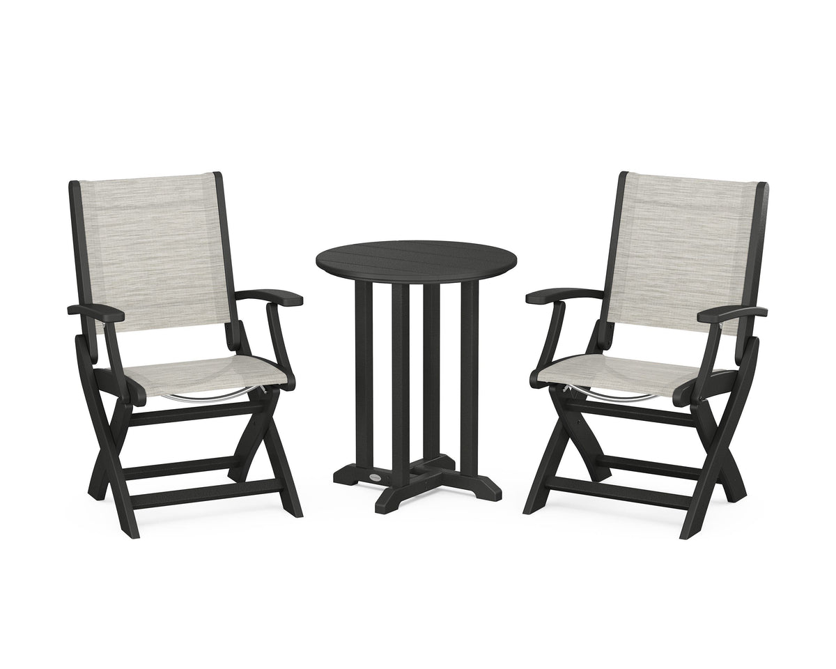 POLYWOOD Coastal Folding 3-Piece Round Bistro Dining Set in Black / Birch