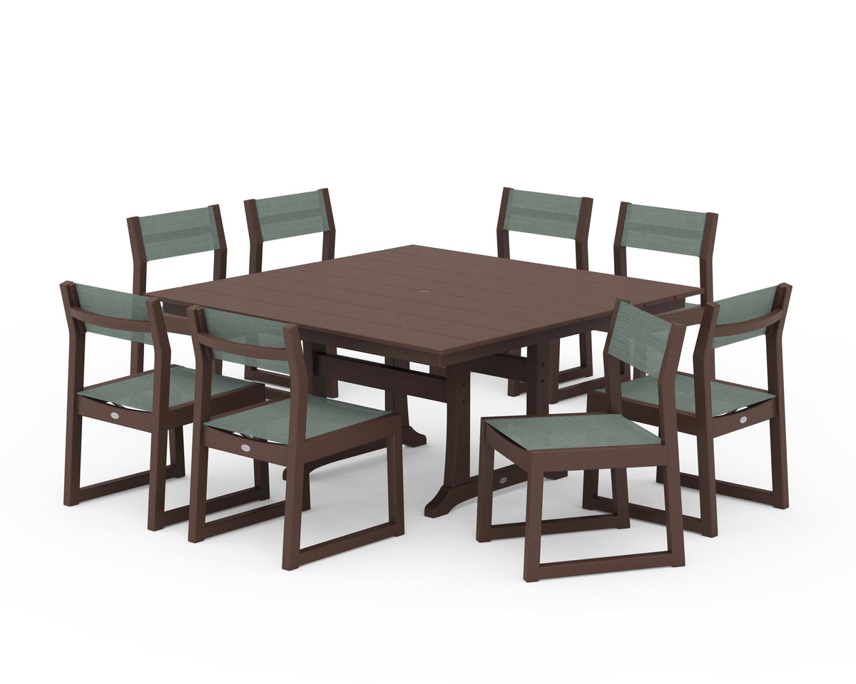 POLYWOOD EDGE Sling Side Chair 9-Piece Farmhouse Trestle Dining Set in Mahogany / Dupioni Sea Mist