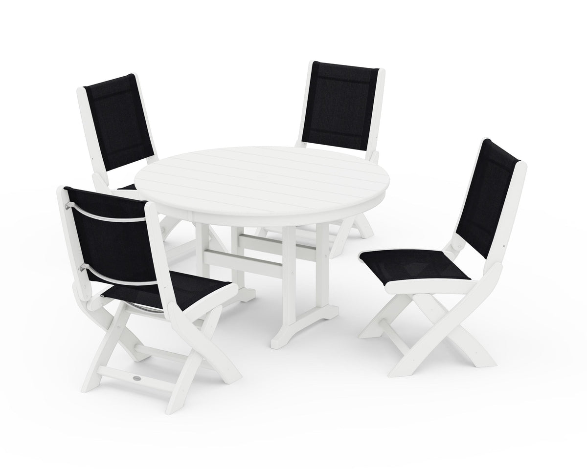 POLYWOOD Coastal Folding Side Chair 5-Piece Round Dining Set in White / Black