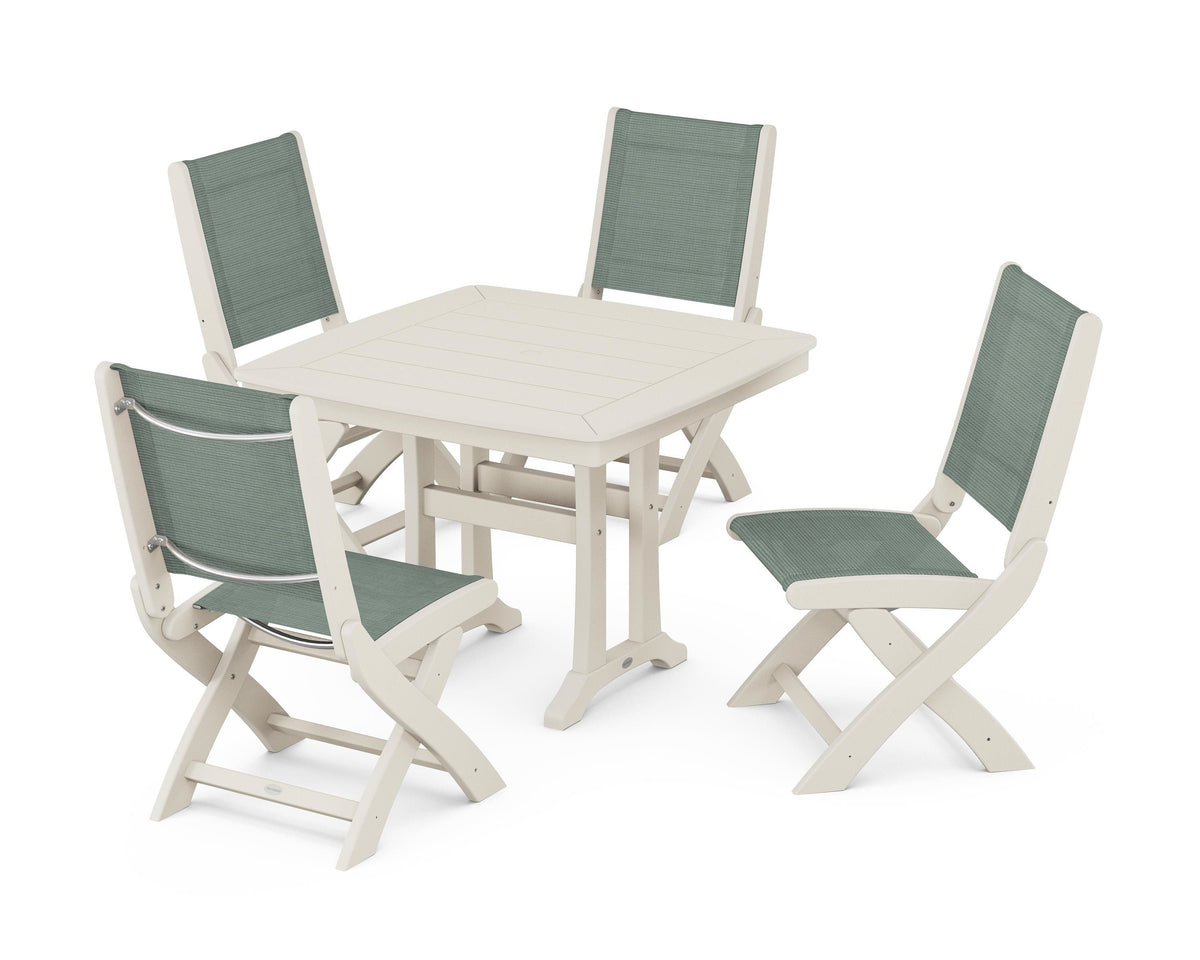 POLYWOOD Coastal Folding Side Chair 5-Piece Dining Set with Trestle Legs in Sand / Dupioni Sea Mist