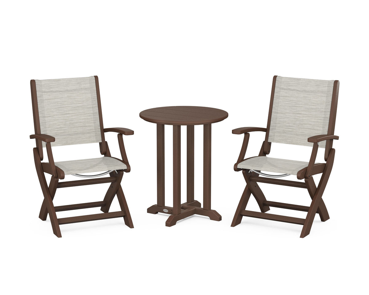 POLYWOOD Coastal Folding 3-Piece Round Bistro Dining Set in Mahogany / Birch