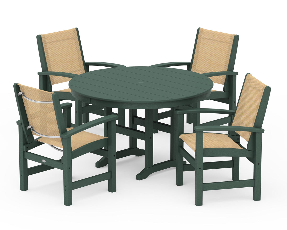 POLYWOOD Coastal 5-Piece Round Farmhouse Dining Set in Green / Dupioni Apricot