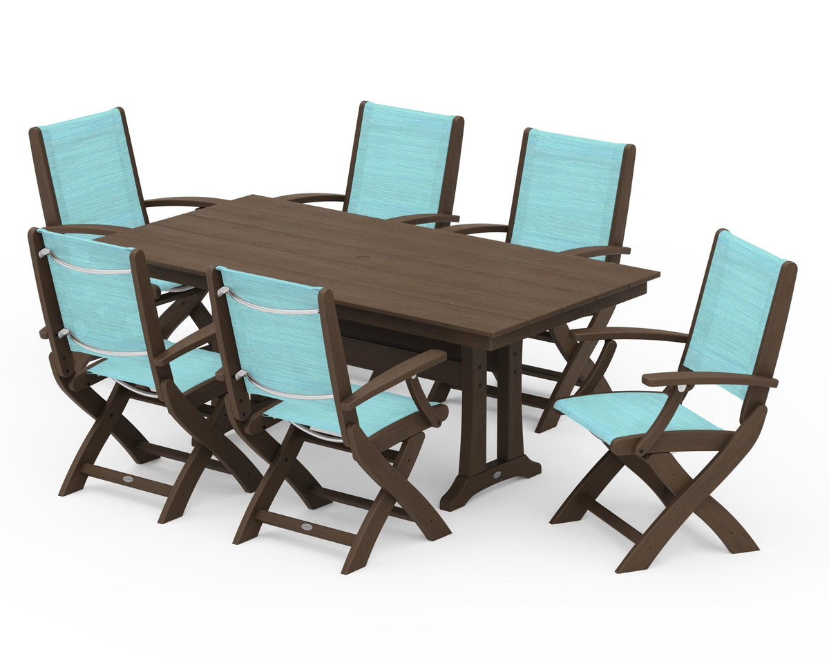 POLYWOOD Coastal Folding Arm Chair 7-Piece Farmhouse Dining Set with Trestle Legs in Kona / Dupioni Aquamarine