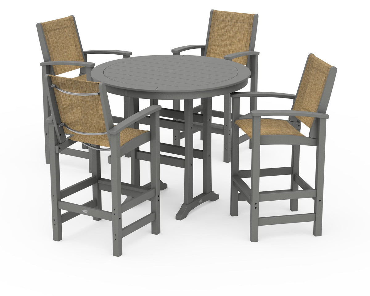 POLYWOOD Coastal 5-Piece Nautical Trestle Bar Set in Slate Grey / Burlap