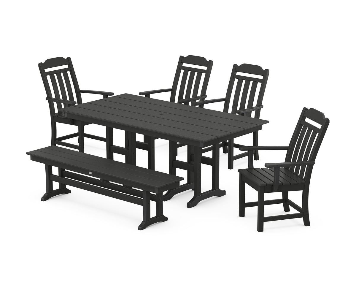 POLYWOOD Cottage 6-Piece Farmhouse Dining Set with Bench in Black