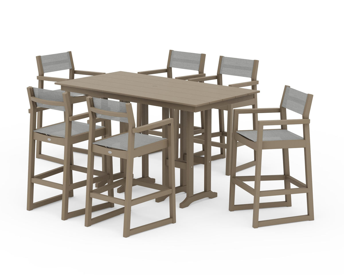 POLYWOOD EDGE Sling Arm Chair 7-Piece Farmhouse Bar Set in Vintage Sahara / Metallic