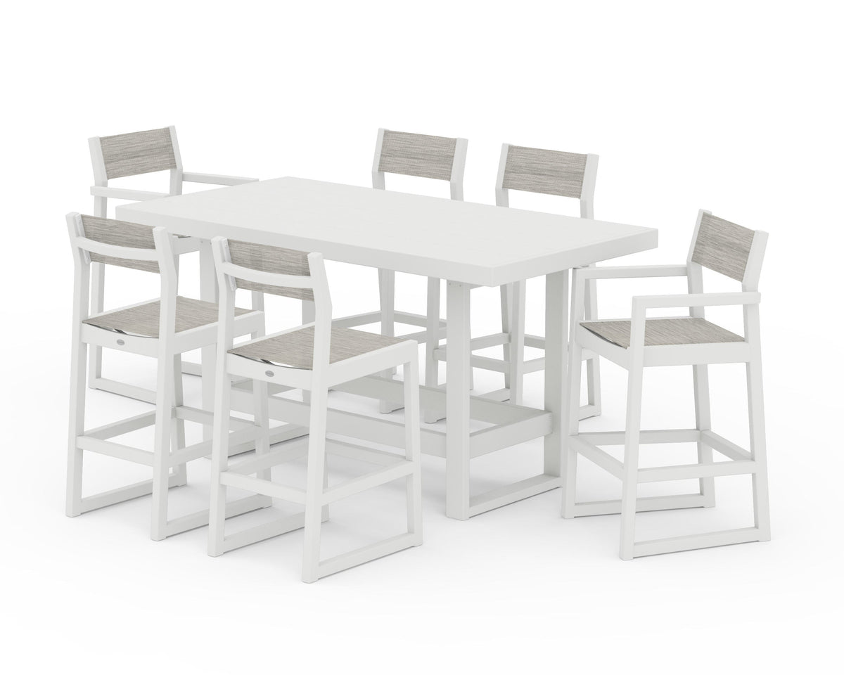 POLYWOOD EDGE Sling 7-Piece Bar Table Set in Vintage White / Birch