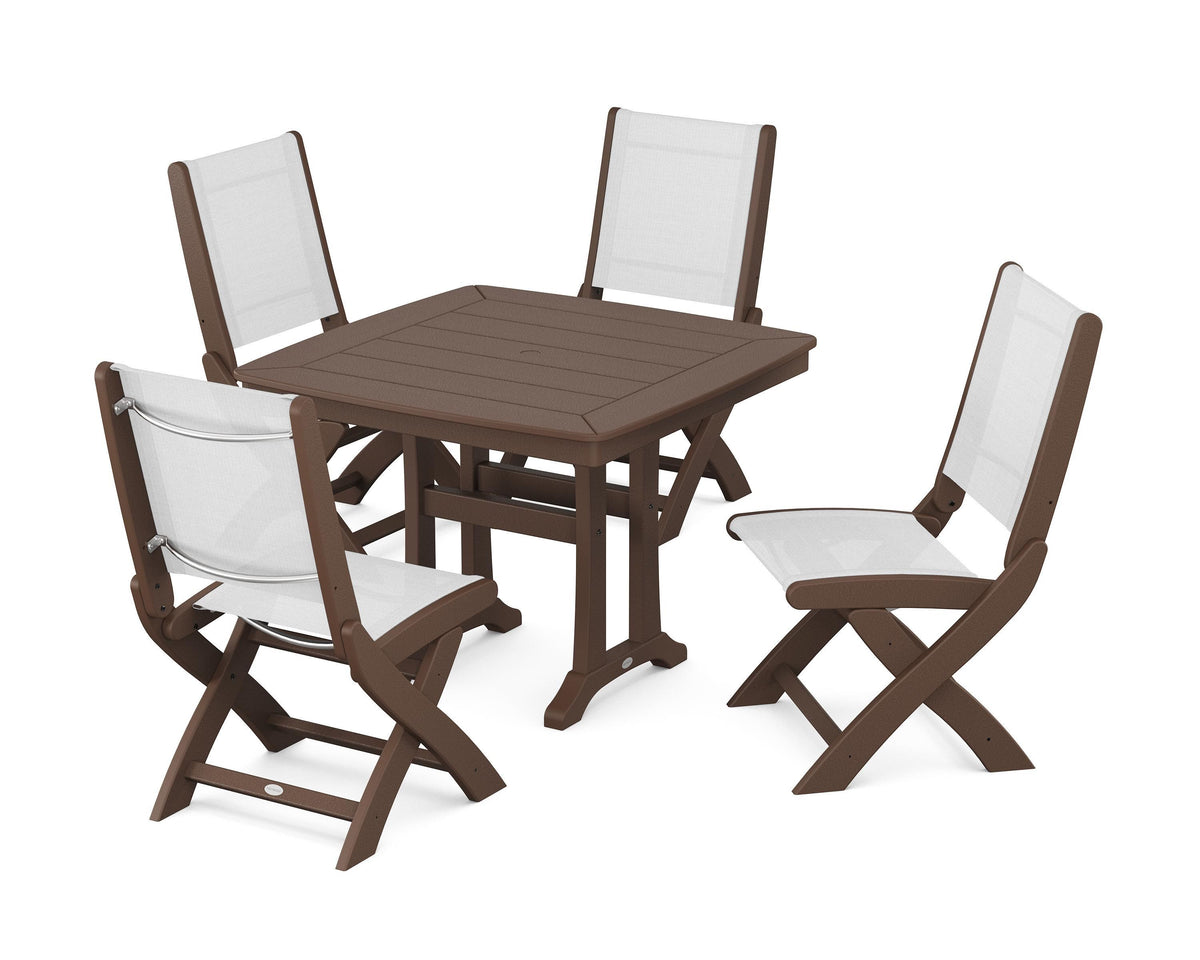 POLYWOOD Coastal Folding Side Chair 5-Piece Dining Set with Trestle Legs in Mahogany / White