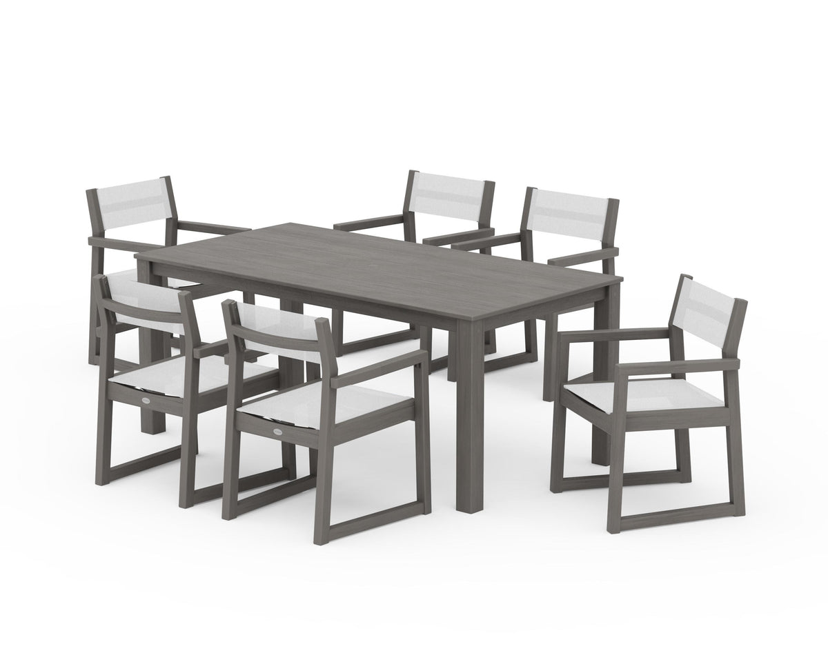 POLYWOOD EDGE Sling Arm Chair 7-Piece Parsons Dining Set in Driftwood / White