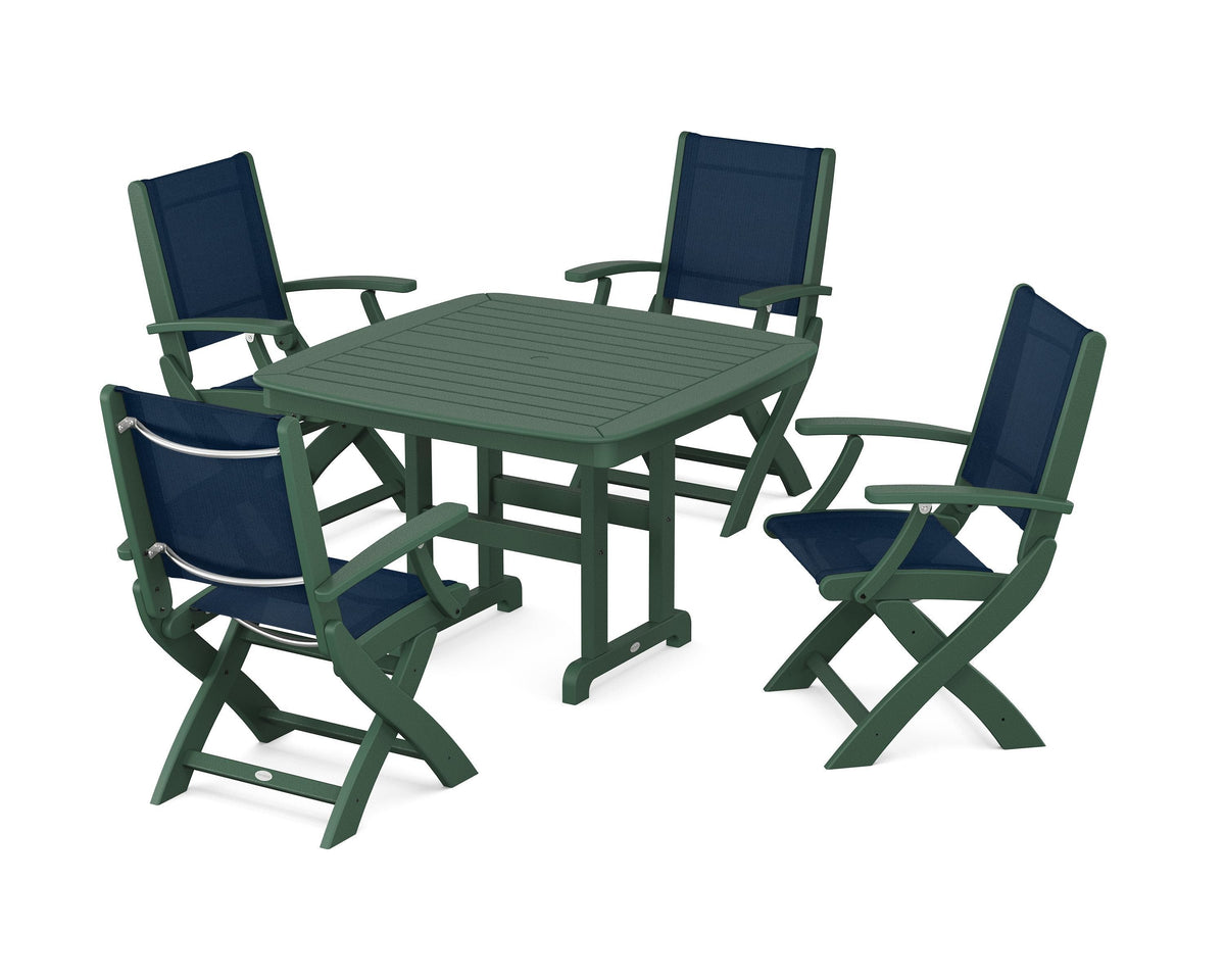 POLYWOOD Coastal Folding Chair 5-Piece Dining Set with Nautical 44" Dining Table in Green / Navy Blue