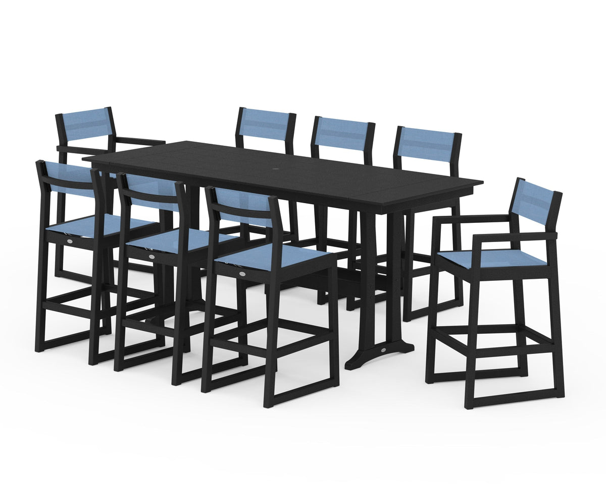 POLYWOOD EDGE Sling 9-Piece Farmhouse Bar Set with Trestle Legs in Black / Poolside