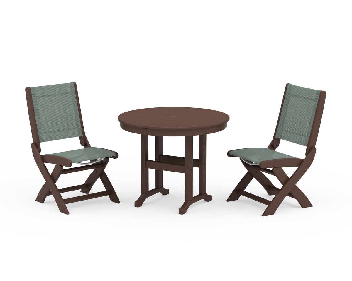 POLYWOOD Coastal Folding Side Chair 3-Piece Round Dining Set in Mahogany / Dupioni Sea Mist