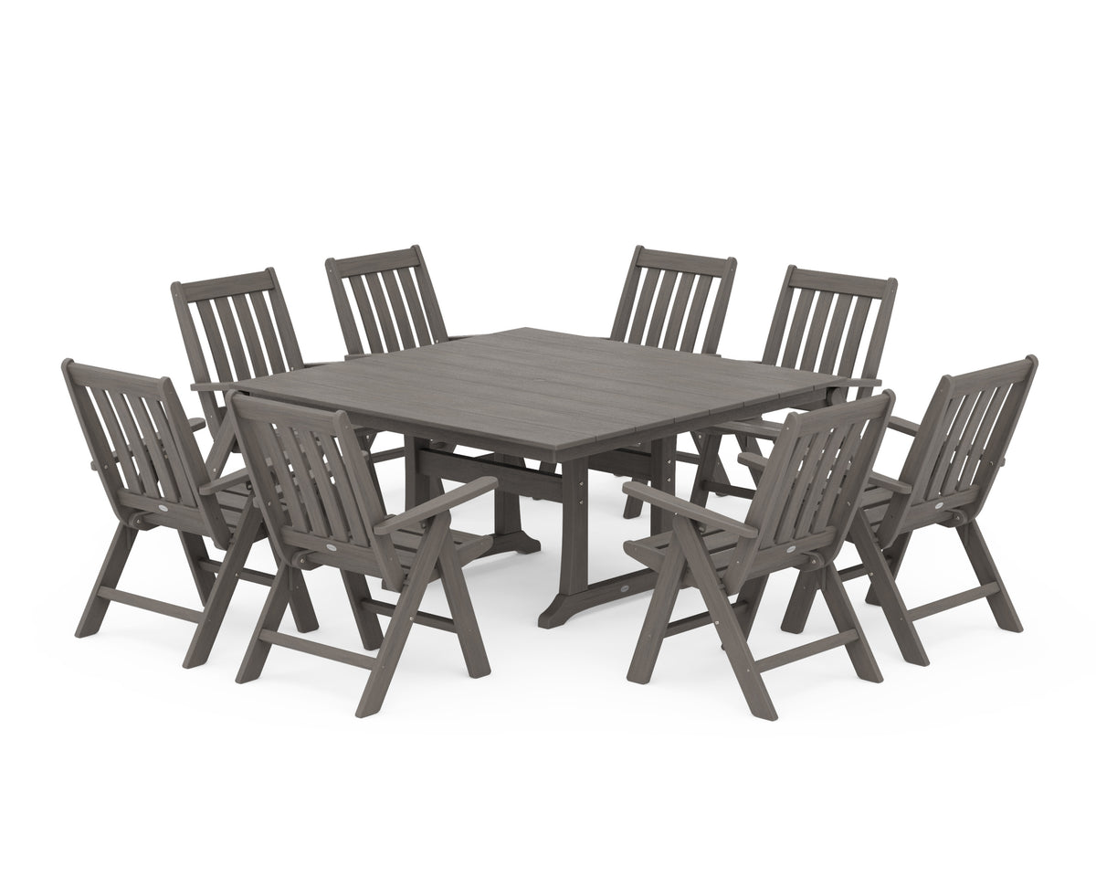 POLYWOOD Vineyard Folding Chair 9-Piece Square Farmhouse Dining Set with Trestle Legs in Driftwood