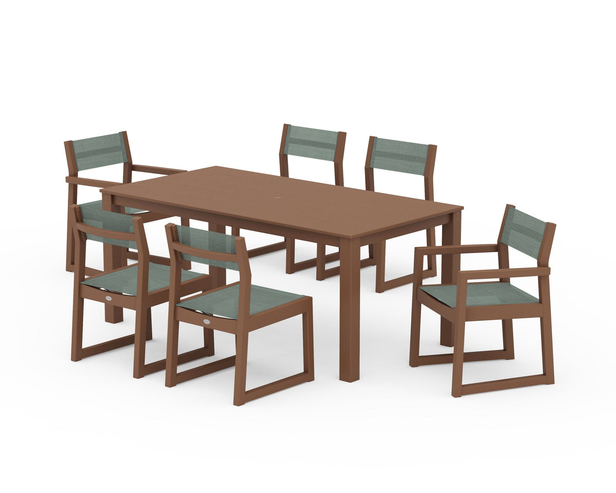 POLYWOOD EDGE Sling 7-Piece Parsons Dining Set in Teak / Dupioni Sea Mist