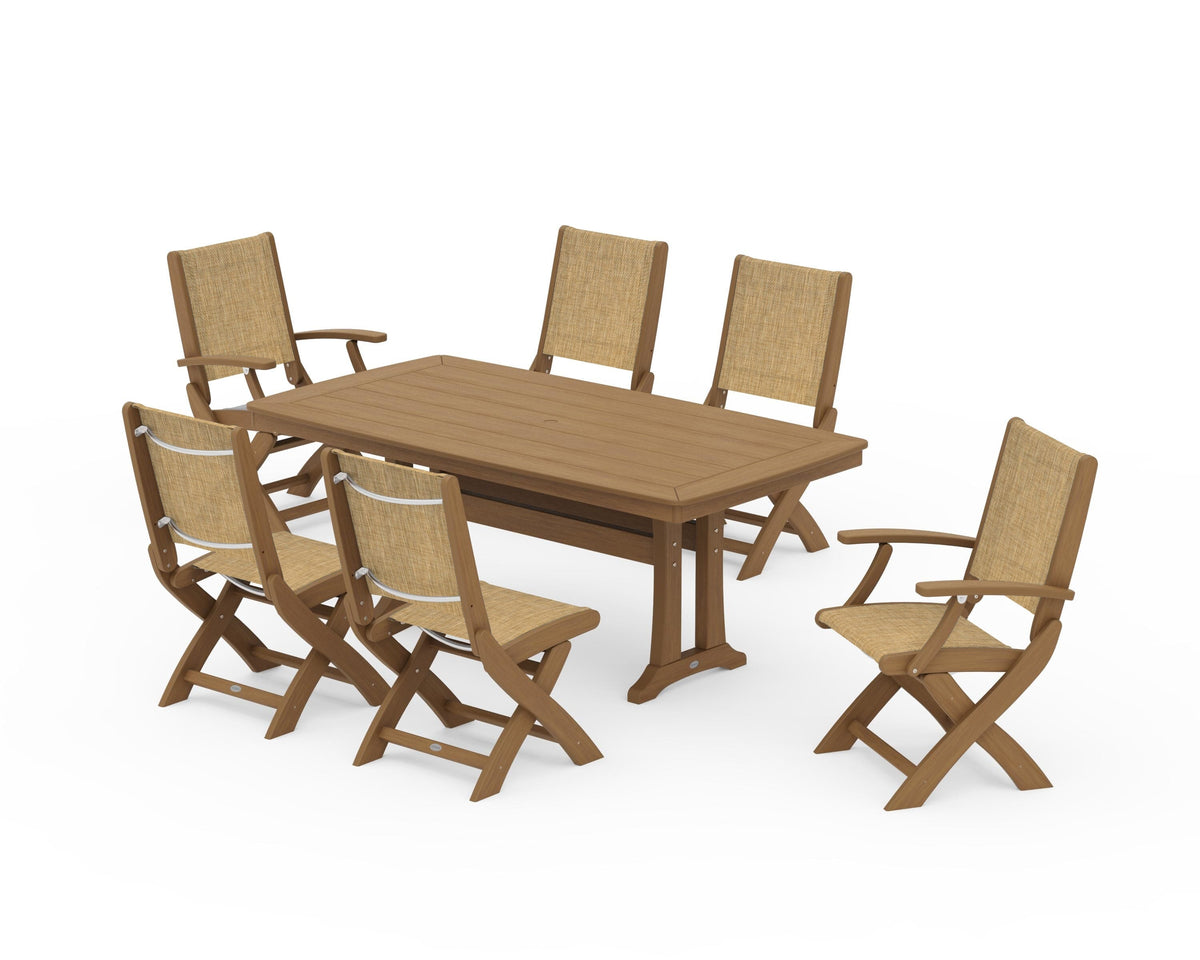 POLYWOOD Coastal Folding Chair 7-Piece Dining Set with Trestle Legs with Nautical Trestle 38" x 73" Dining Table in Natural / Burlap