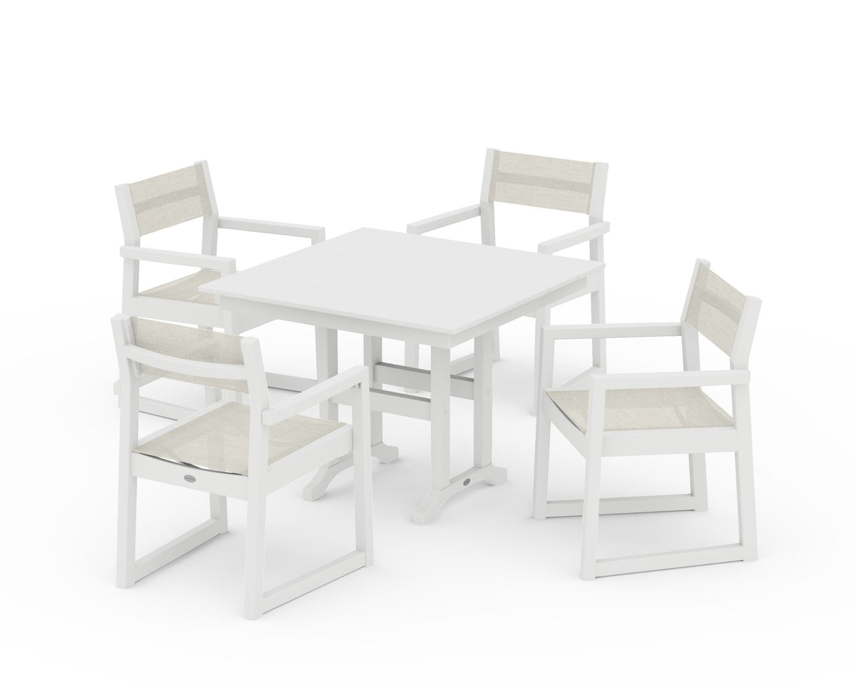 POLYWOOD EDGE Sling Arm Chair 5-Piece Farmhouse Dining Set in White / Parchment