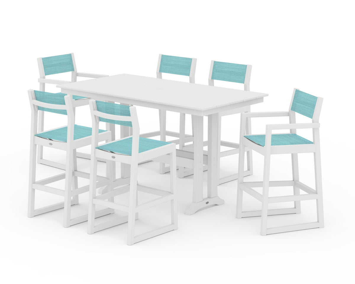 POLYWOOD EDGE Sling 7-Piece Farmhouse Bar Set with Trestle Legs in White / Dupioni Aquamarine