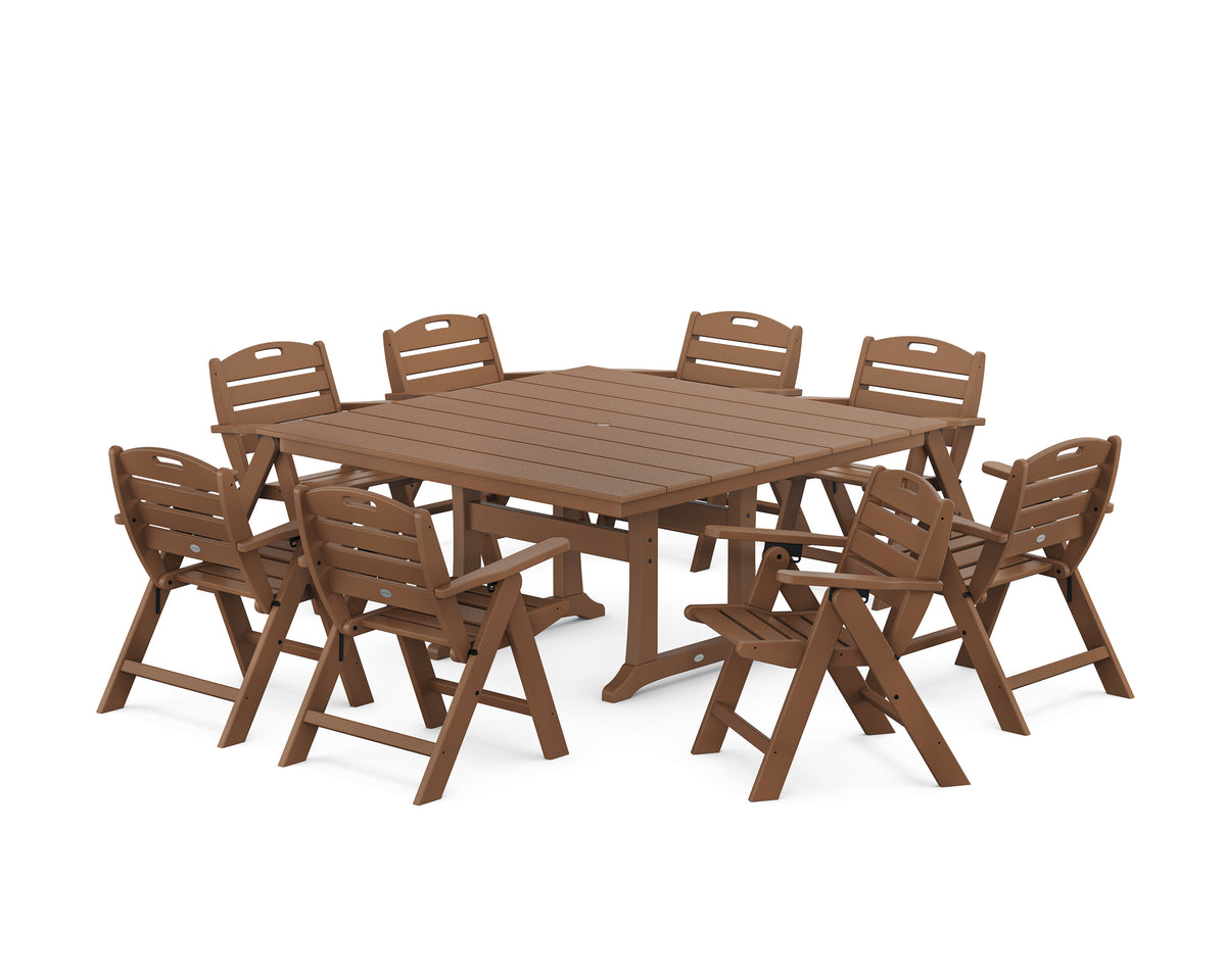 POLYWOOD Nautical Lowback 9-Piece Square Farmhouse Dining Set with Trestle Legs in Teak