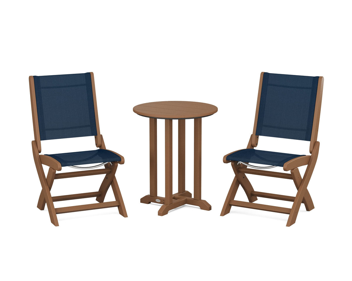POLYWOOD Coastal Folding Side Chair 3-Piece Round Bistro Dining Set in Teak / Navy Blue