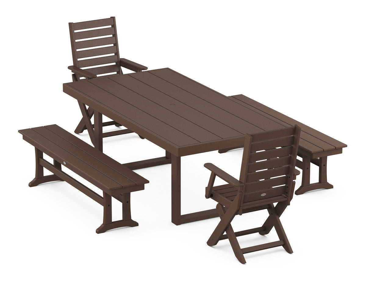 POLYWOOD Captain Folding Chair 5-Piece Dining Set with Benches - 39" x 78" Table in Mahogany